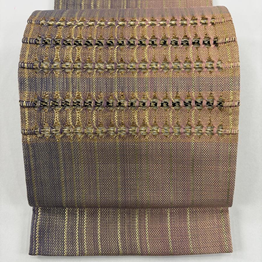 袋帯 秀品 縞 幾何学模様 金糸 箔 薄紫 お太鼓柄 正絹 中古 : リユース