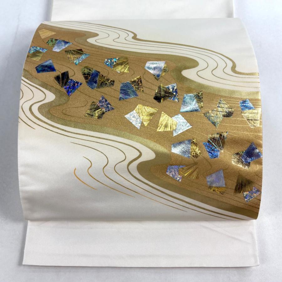 美品 袋帯 秀品 証紙あり 流水 金彩 箔 クリーム お太鼓柄 正絹 中古