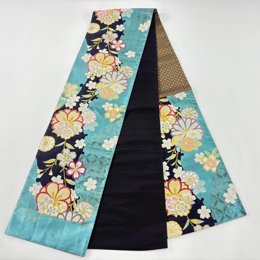 要事前確認　2点セット　美品　振袖　六通柄　袋帯 （33-2645rym） 美品 袋帯 秀品 証紙あり 振袖向き 桜 菊 箔 金銀糸 青緑 六通 正絹