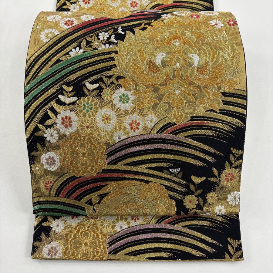 美品 袋帯 秀品 華文 向鳥 金糸 箔 黒 六通 正絹 中古 : リユース
