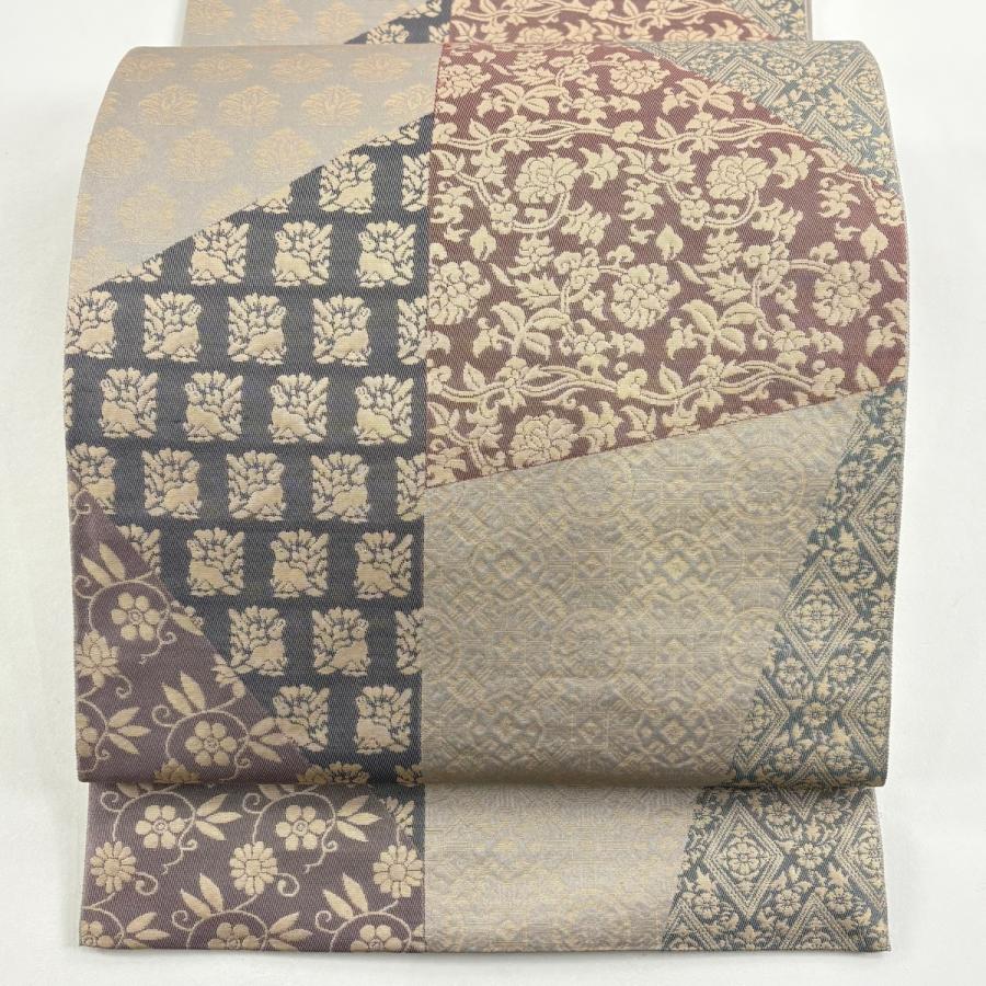 美品 袋帯 秀品 花唐草 花うさぎ 箔 灰色 六通 正絹 中古 : リユース