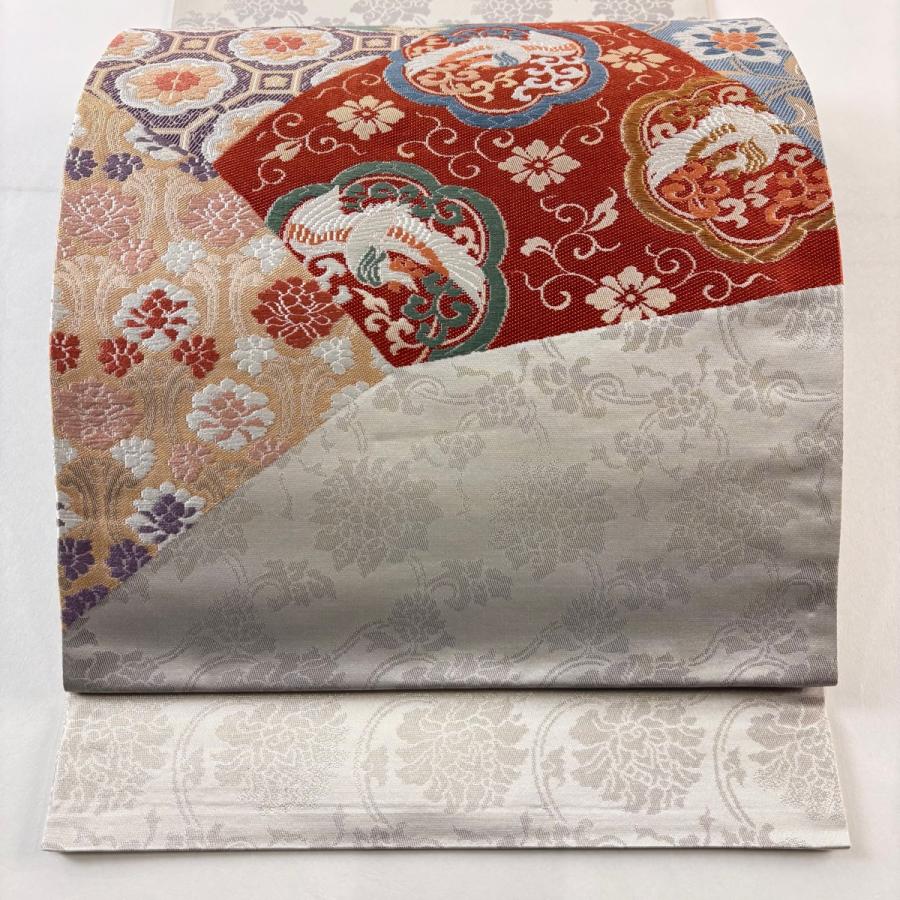 美品 袋帯 秀品 鳳凰 蜀江華文 刺繍 金糸 朱色 お太鼓柄 正絹 中古