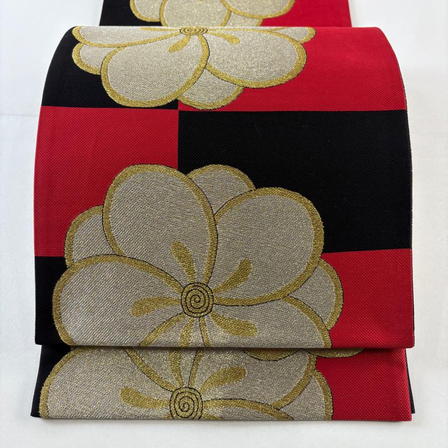 美品 袋帯 秀品 証紙あり 花 市松 金銀糸 箔 赤 六通 正絹 中古