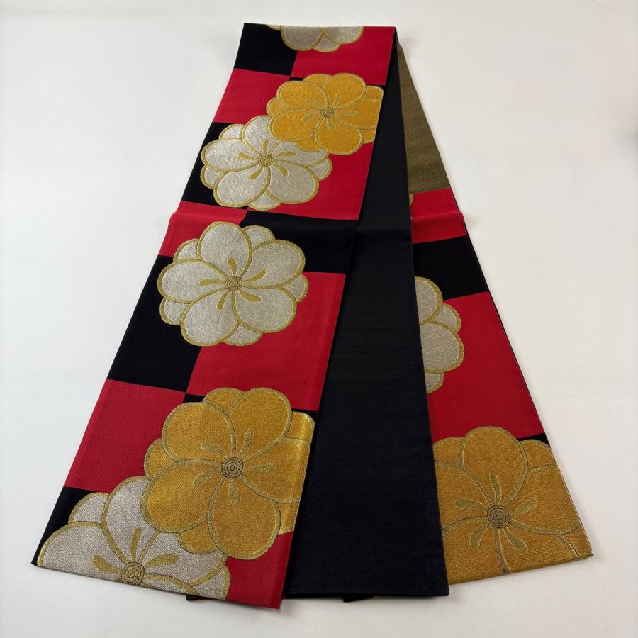 美品 袋帯 秀品 証紙あり 花 市松 金銀糸 箔 赤 六通 正絹 中古