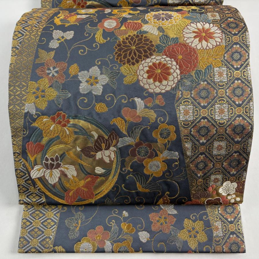 袋帯 秀品 花丸文 花唐草 唐織 箔 灰色 六通 正絹 中古 : リユース