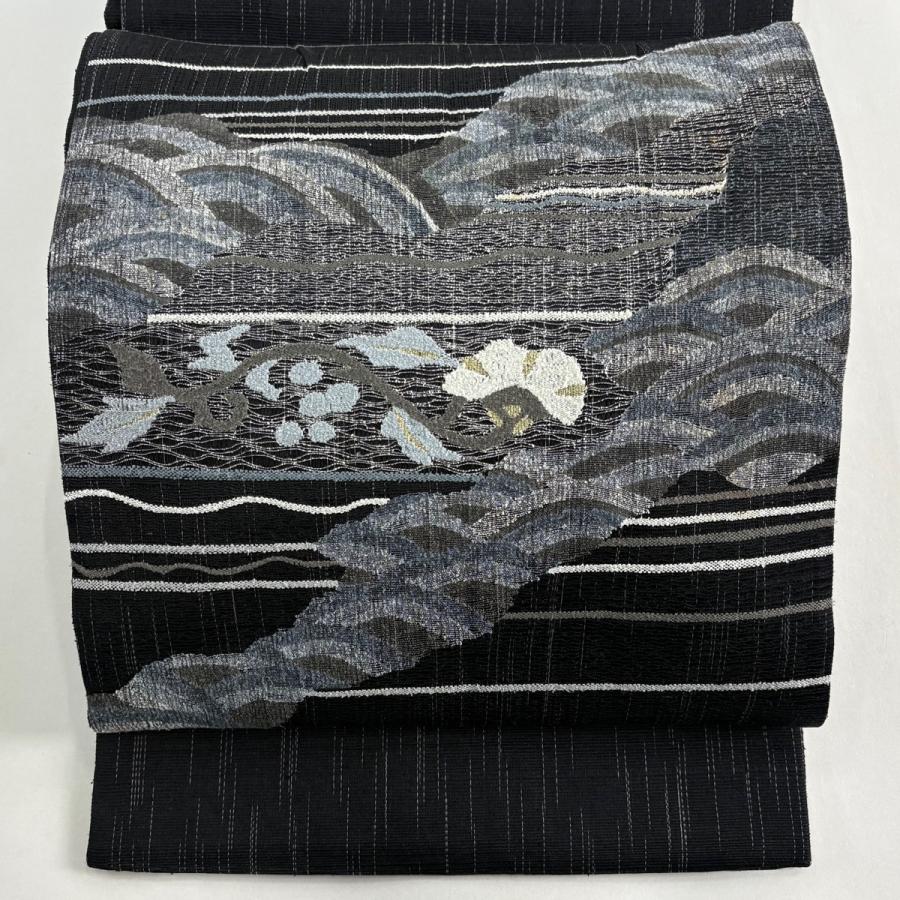袋帯 秀品 夏帯 花唐草 青海波 金糸 黒 お太鼓柄 正絹 中古