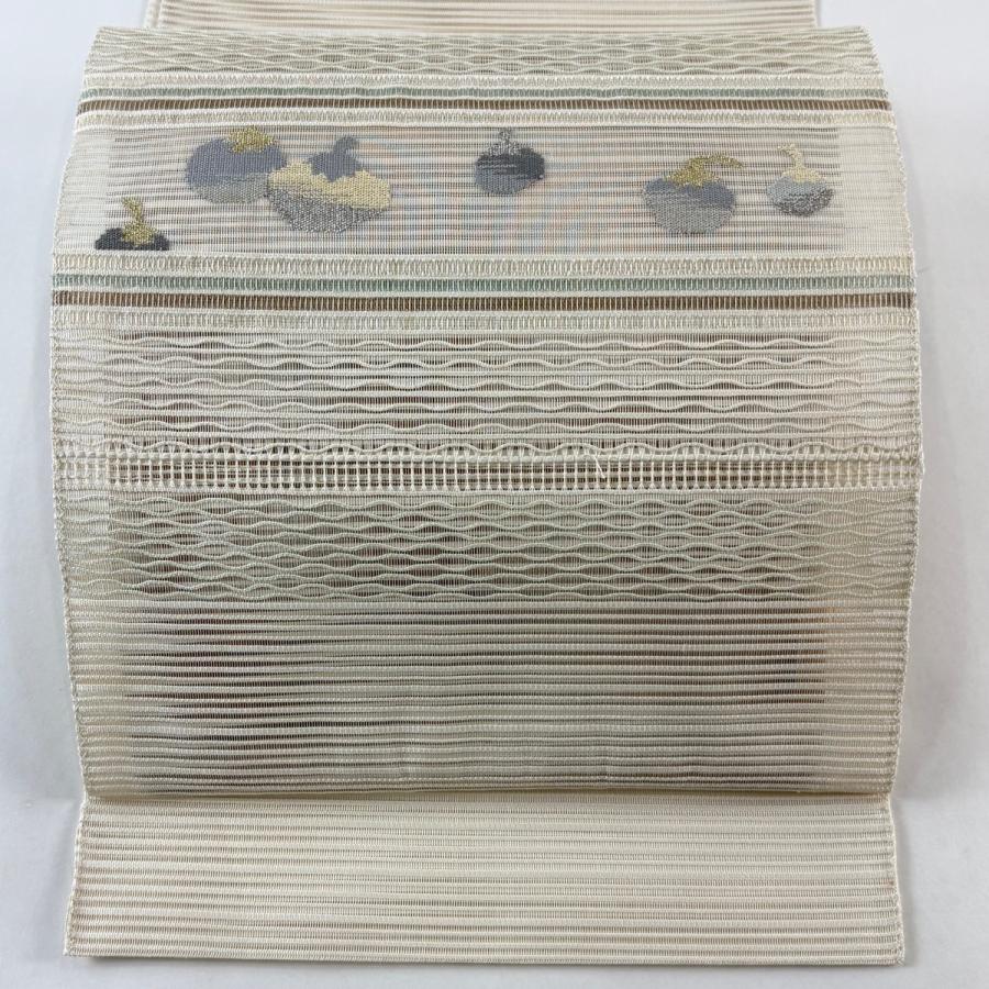 美品 名古屋帯 秀品 夏帯 絽 生り物 縞 金銀糸 灰白 正絹 中古