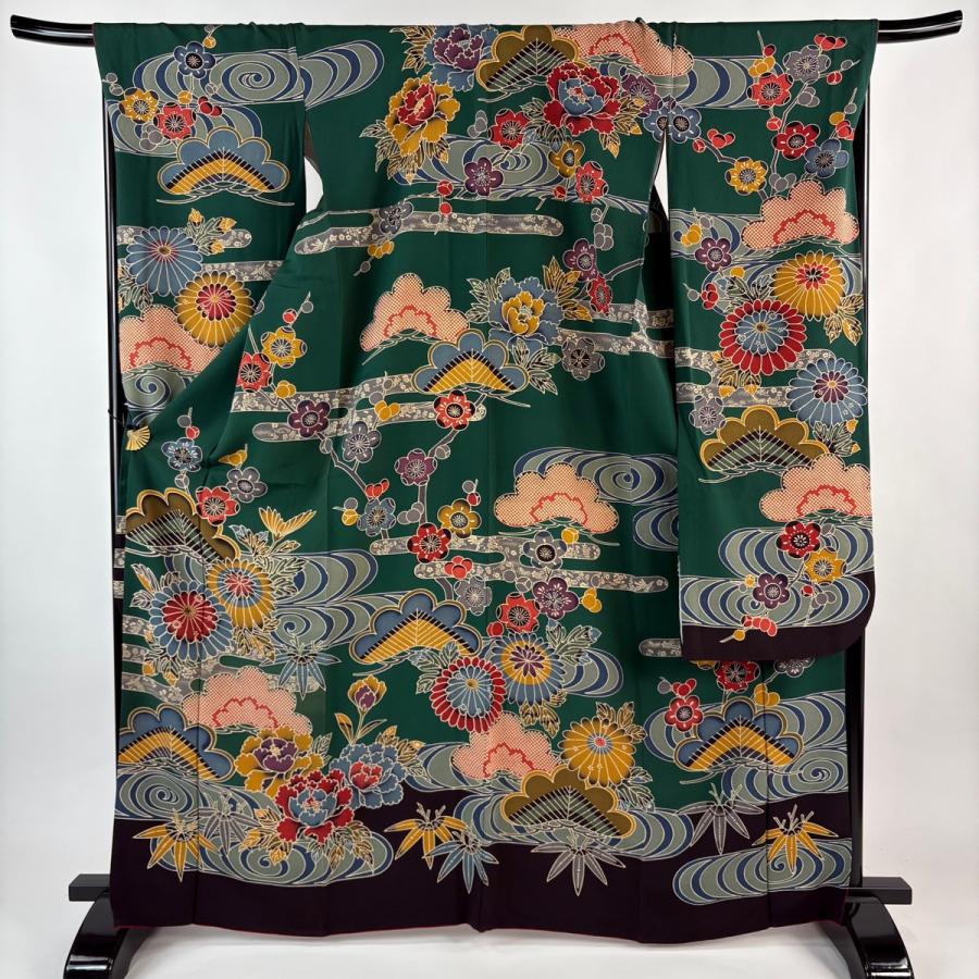 振袖 身丈166.5cm 裄丈69.5cm L 袷 菊 松竹梅 染め分け 深緑 正絹 名品