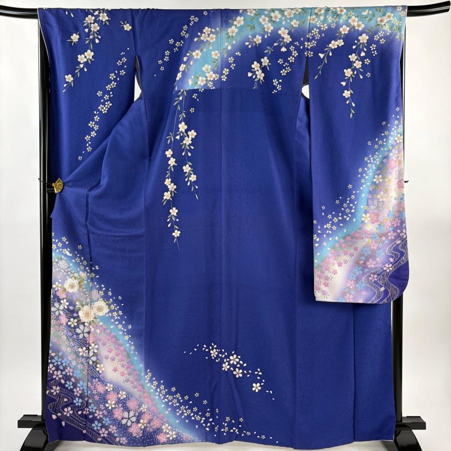 振袖 身丈167cm 裄丈67cm M 袷 桜 流水 銀通し 金彩 青 正絹 名品 中古