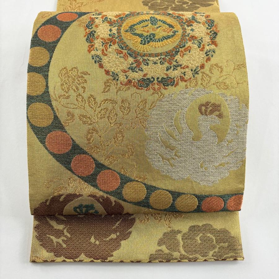 袋帯　6通　刺繍　ラメ　金糸　美品 美品 袋帯 名品 関西仕立て 鳥 草花 金銀糸 ラメ糸 金色 六通 正絹