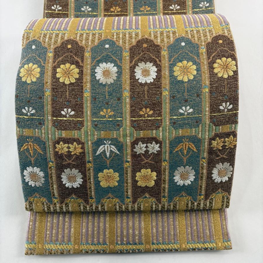美品 袋帯 名品 花 笹 箔 金糸 黄土色 六通 正絹 中古 : リユース