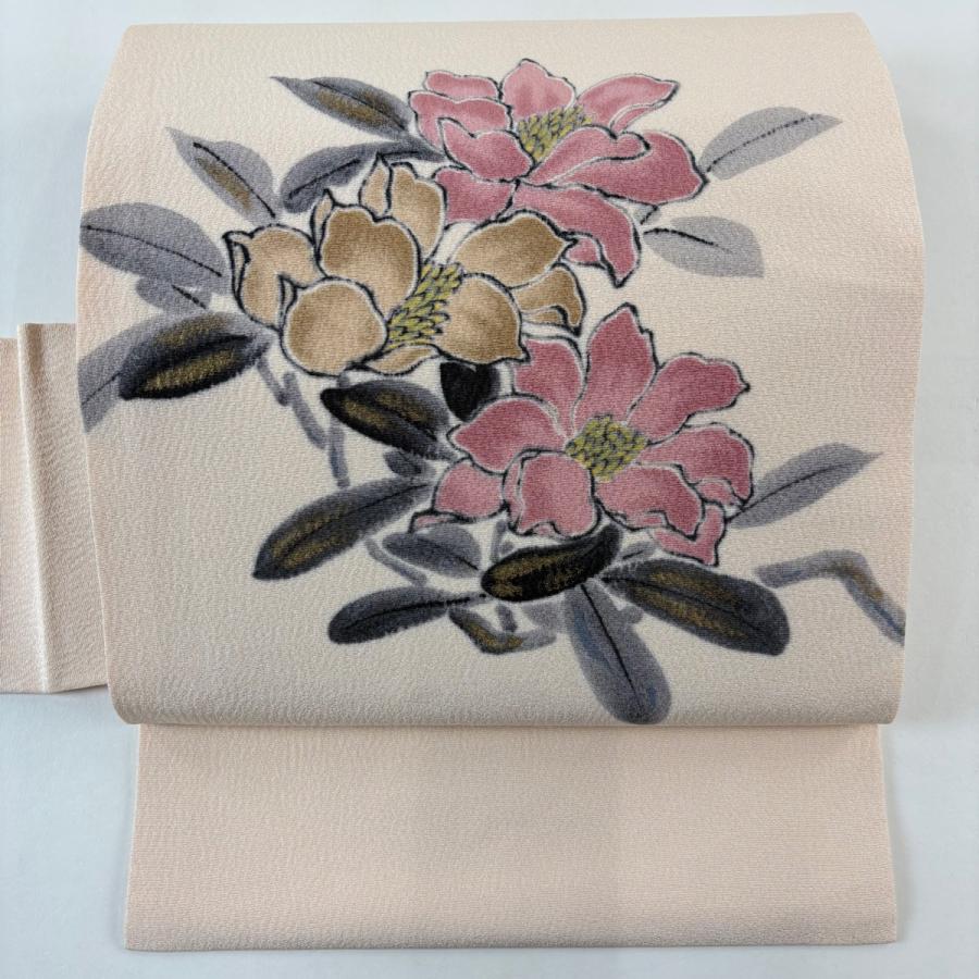 名古屋帯 名品 落款あり 山科春宣 草花 金彩 ぼかし サーモンピンク