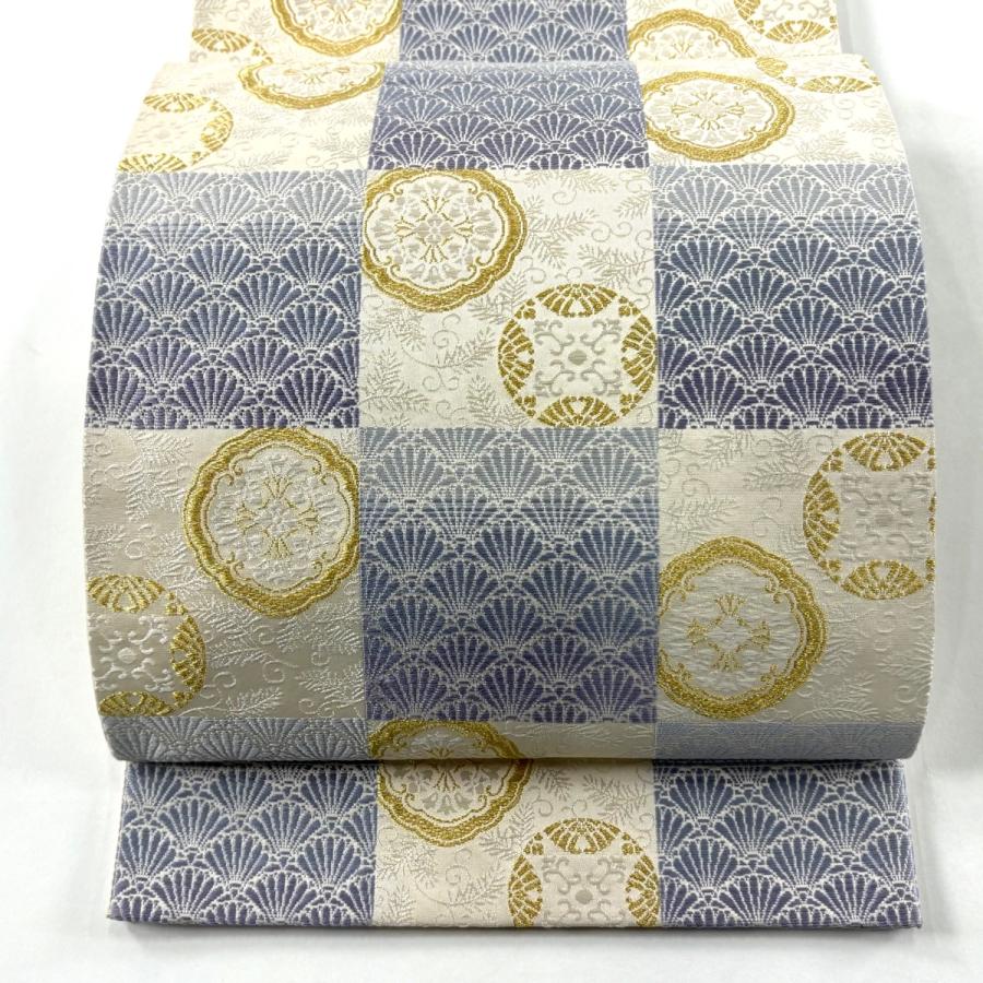 美品 袋帯 逸品 市松 花 金糸 刺繍 薄紫 六通 正絹 中古 : リユース