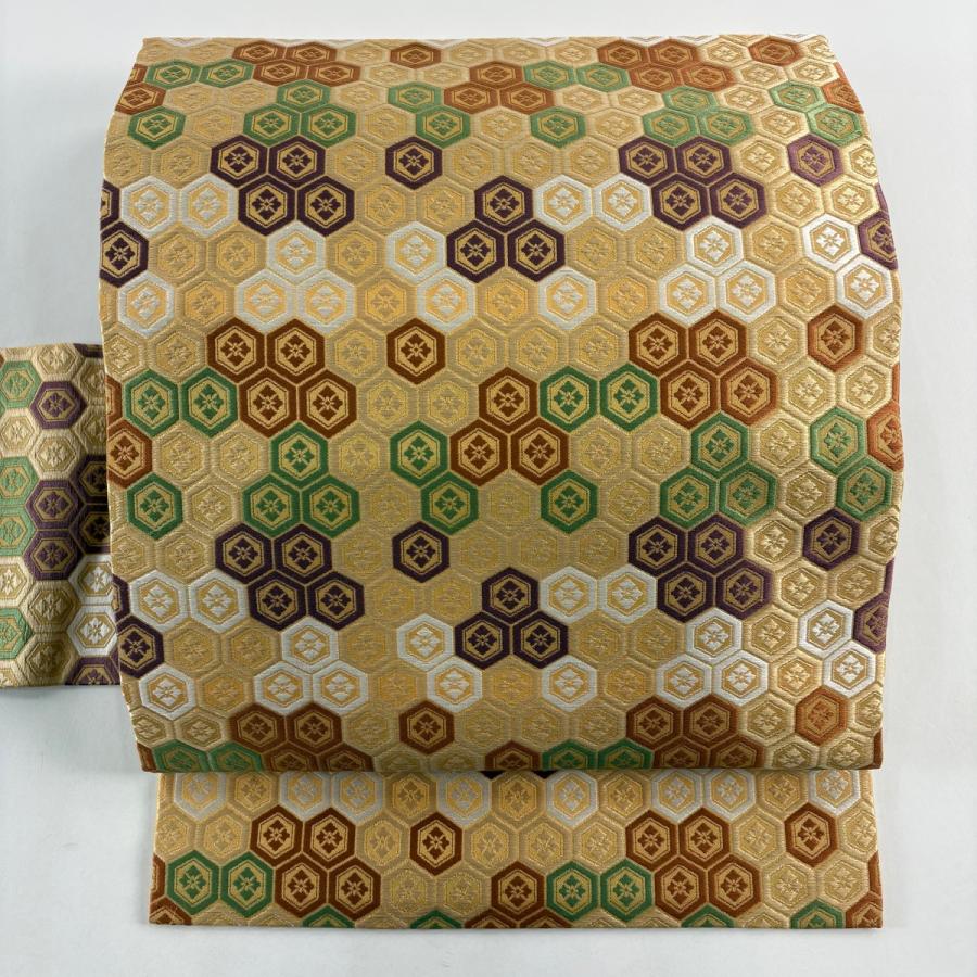 美品 名古屋帯 逸品 人間国宝 喜多川平朗 亀甲 花菱 薄オレンジ 正絹