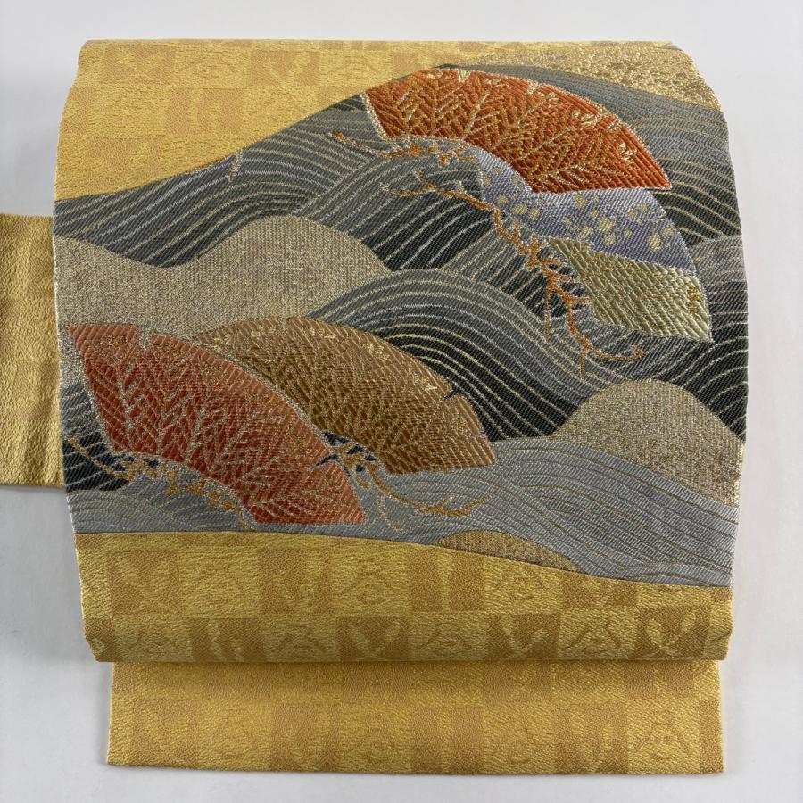 美品 名古屋帯 逸品 笠松 波 金銀糸 黄色 正絹 中古 在庫一掃 