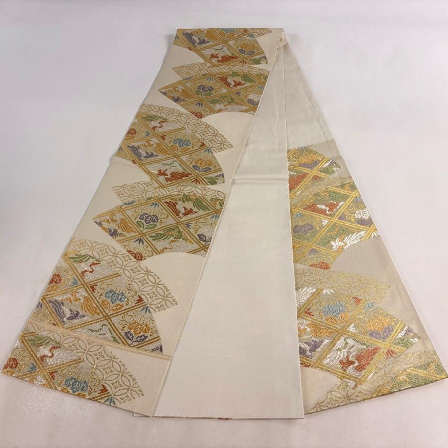 美品 袋帯 逸品 落款あり 花鳥 七宝 唐織 金糸 ベージュ 六通