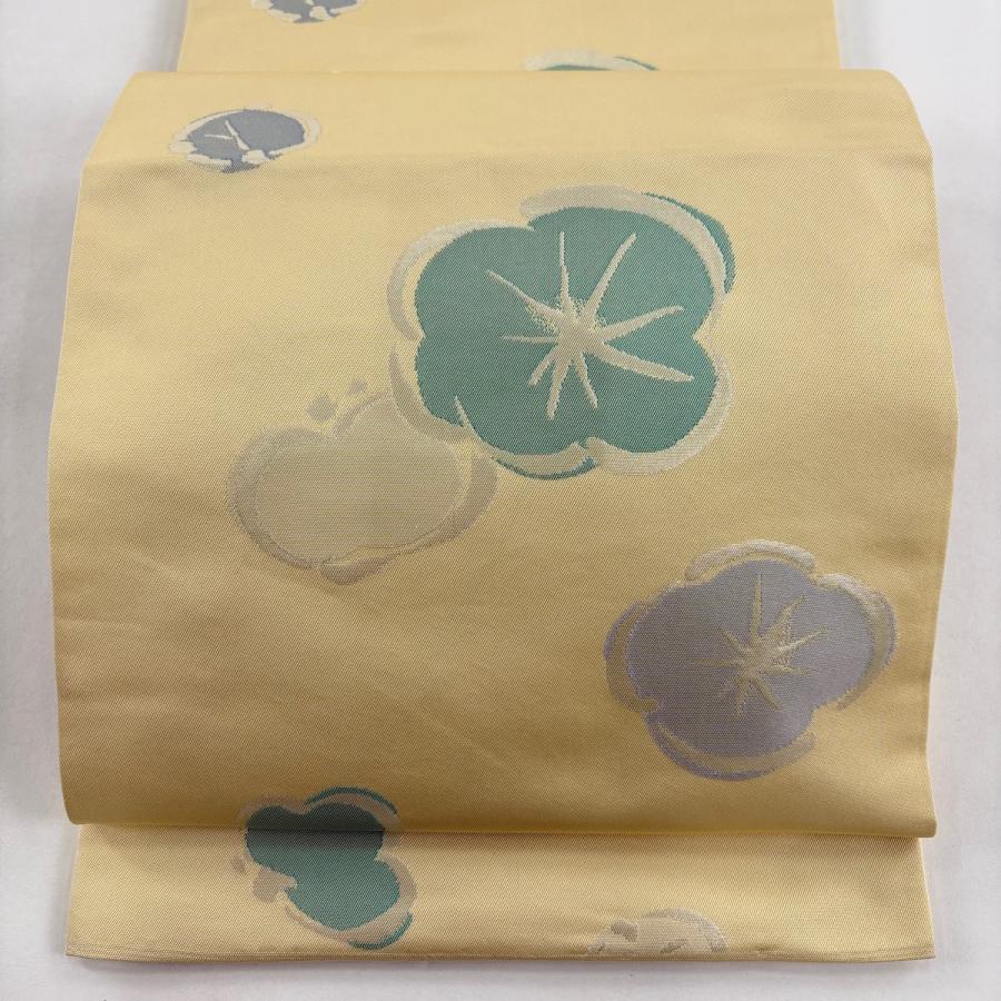 袋帯 逸品 川島織物 落款あり 関西仕立て 梅 箔 薄黄 六通 正絹 中古 