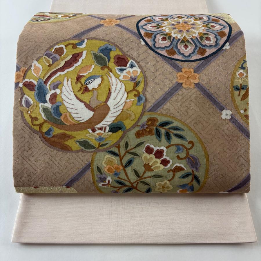 袋帯 逸品 華文 花鳥 金銀糸 綴れ 薄ピンク お太鼓柄 正絹 中古