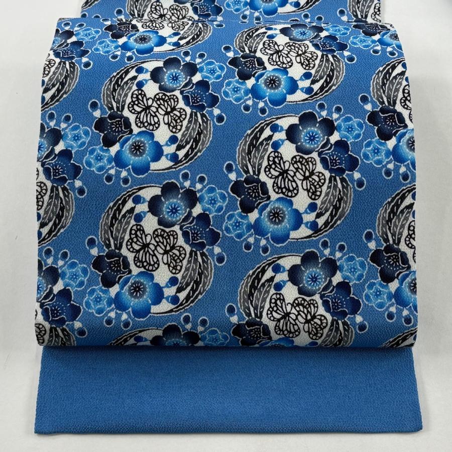 名古屋帯 逸品 城間栄順 落款あり 伊と幸 梅 蝶 琉球紅型 縮緬 水色