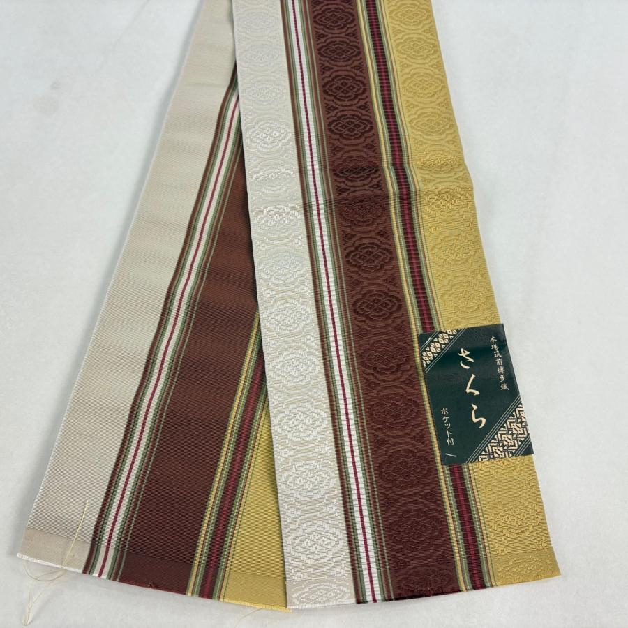 美品】半幅帯 秀品 証紙あり 博多織 草花 縞 山吹茶色 正絹 【中古