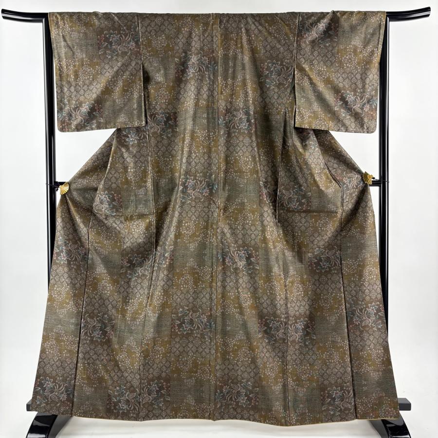 紬 身丈165cm 裄丈65.5cm M 袷 花鳥 流水 茶緑色 正絹 秀品 中古