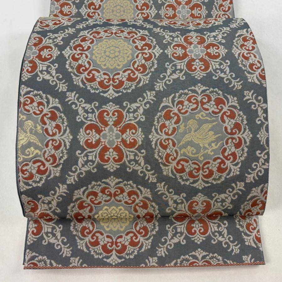 美品 袋帯 逸品 人間国宝 北村武資 落款あり 華文 花鳥 金糸 灰色 六通