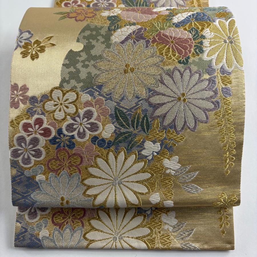 美品 袋帯 秀品 菊 梅 金銀糸 箔 金色 六通 正絹 中古 : リユース