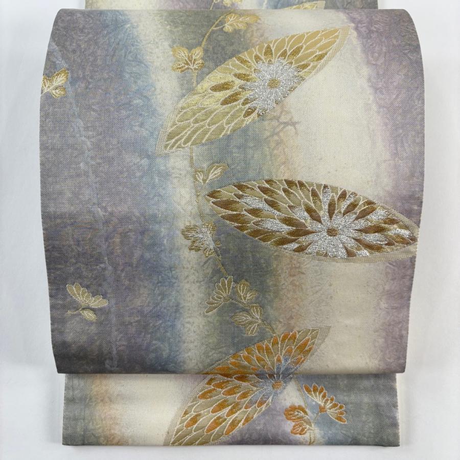 美品 袋帯 秀品 菊 幾何学模様 金糸 箔 ベージュ 六通 正絹 中古