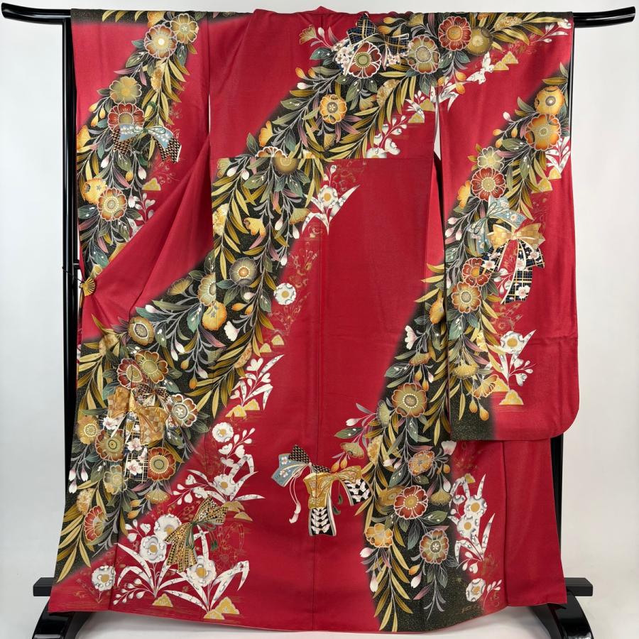 振袖 身丈168.5cm 裄丈66.5cm M 袷 リボン 草花 金銀糸 銀通し 茜色