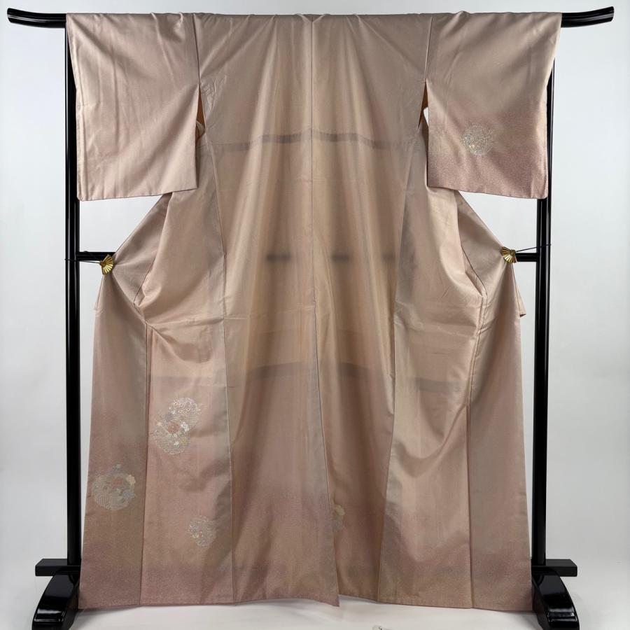 美品 付下げ 身丈168.5cm 裄丈67.5cm L 袷 紬地 雪輪 草花 刺繍 ピンク