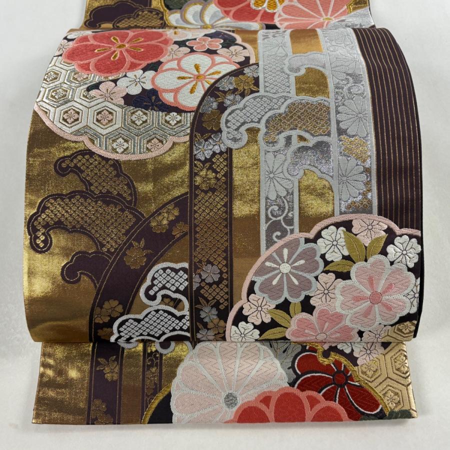 金糸 袋帯 唐織 瑞宝菊小紋 未使用 ベージュ720 ゴールド 紫 青 黒 正絹 金糸 袋帯 唐織 瑞宝菊小紋 未使用 正絹 ベージュ ゴールド 紫 青 黒 着物・浴衣