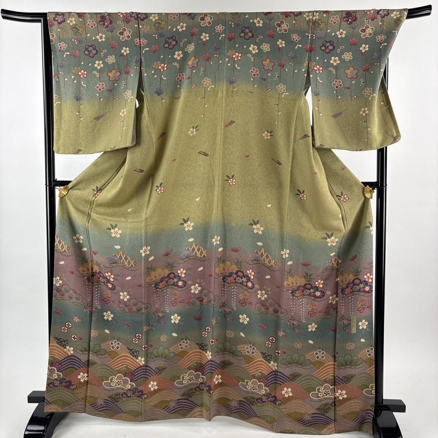 美品 訪問着 身丈168cm 裄丈69cm L 袷 笠松 波 染め分け よもぎ色 正絹