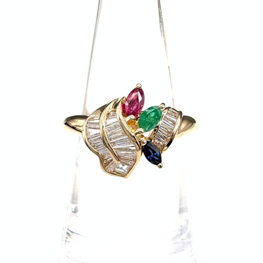 ルビー デザインリング YG イエローゴールド 指輪 メレダイヤ