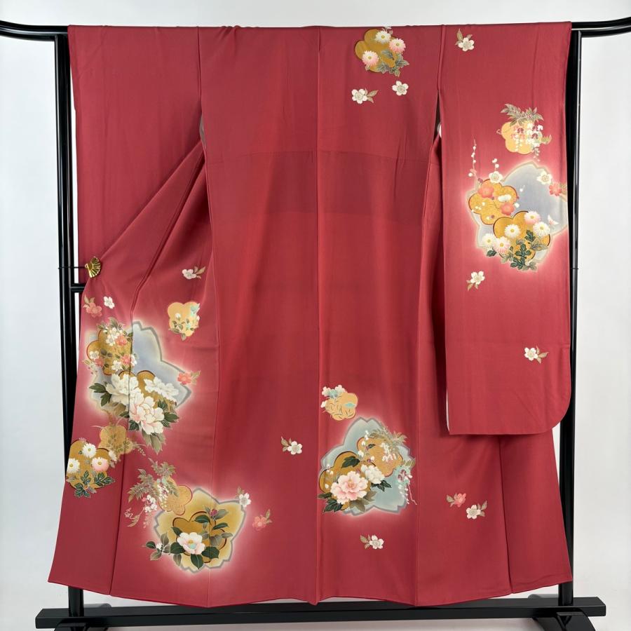 振袖 身丈155cm 裄丈64cm M 袷 牡丹 桜 金糸 金彩 茜色 正絹 秀品 中古