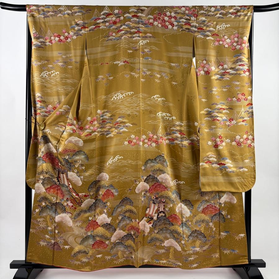 美品 振袖 身丈160cm 裄丈66.5cm M 袷 御所車 松竹梅 金彩 山吹茶色 