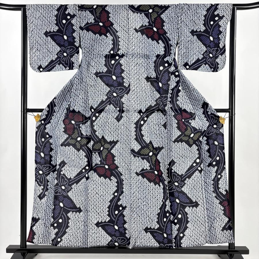 浴衣 身丈158cm 裄丈63.5cm S 絞り浴衣 蝶 紺色 綿 秀品 中古