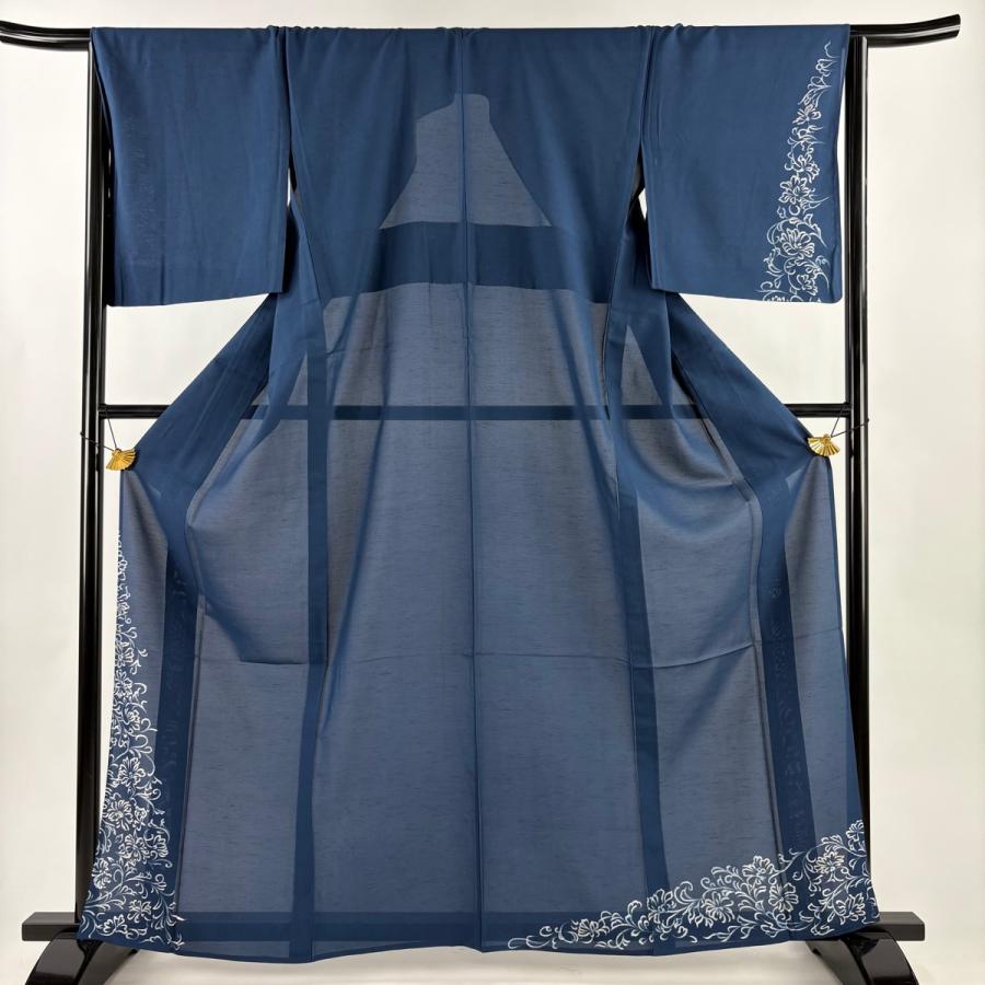 付下げ 身丈162.5cm 裄丈66cm M 薄物 夏紬地 花唐草 金彩 紺色 正絹 秀