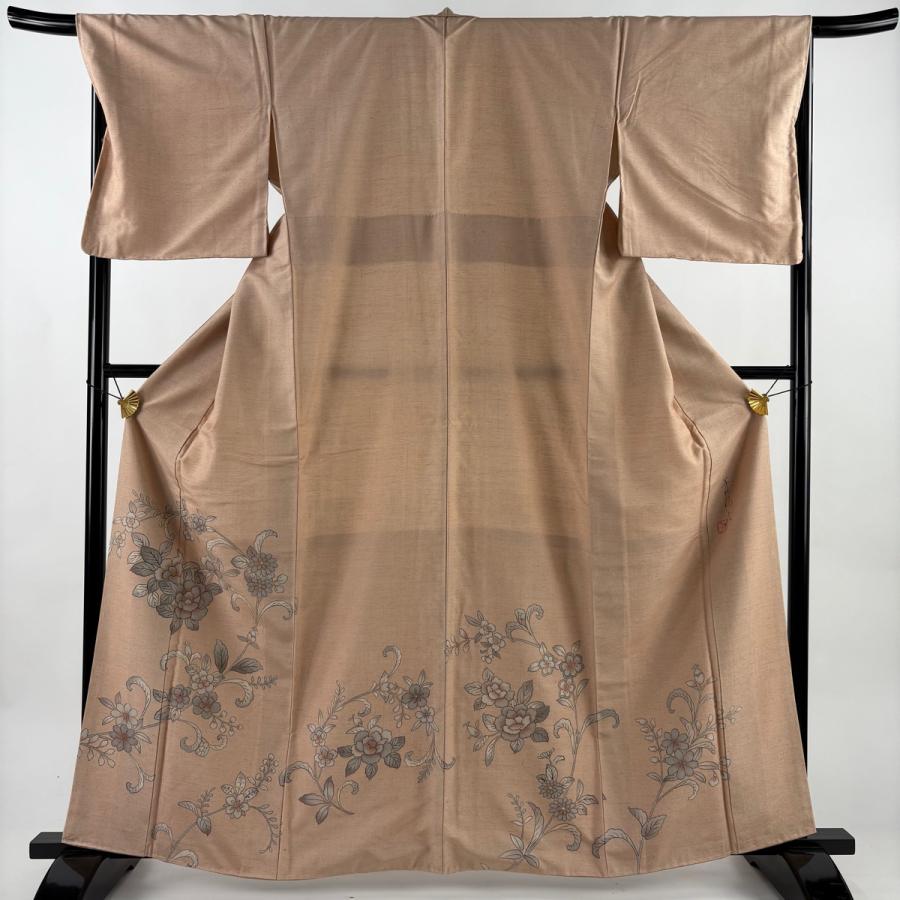 美品 付下げ 身丈162cm 裄丈67.5cm L 袷 紬地 落款あり 草花 ベージュ