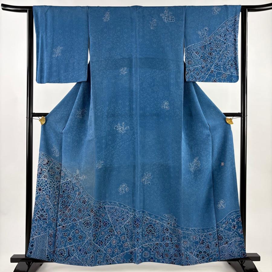 訪問着 身丈159.5cm 裄丈63cm S 袷 落款あり 草花 幾何学模様 縮緬 青