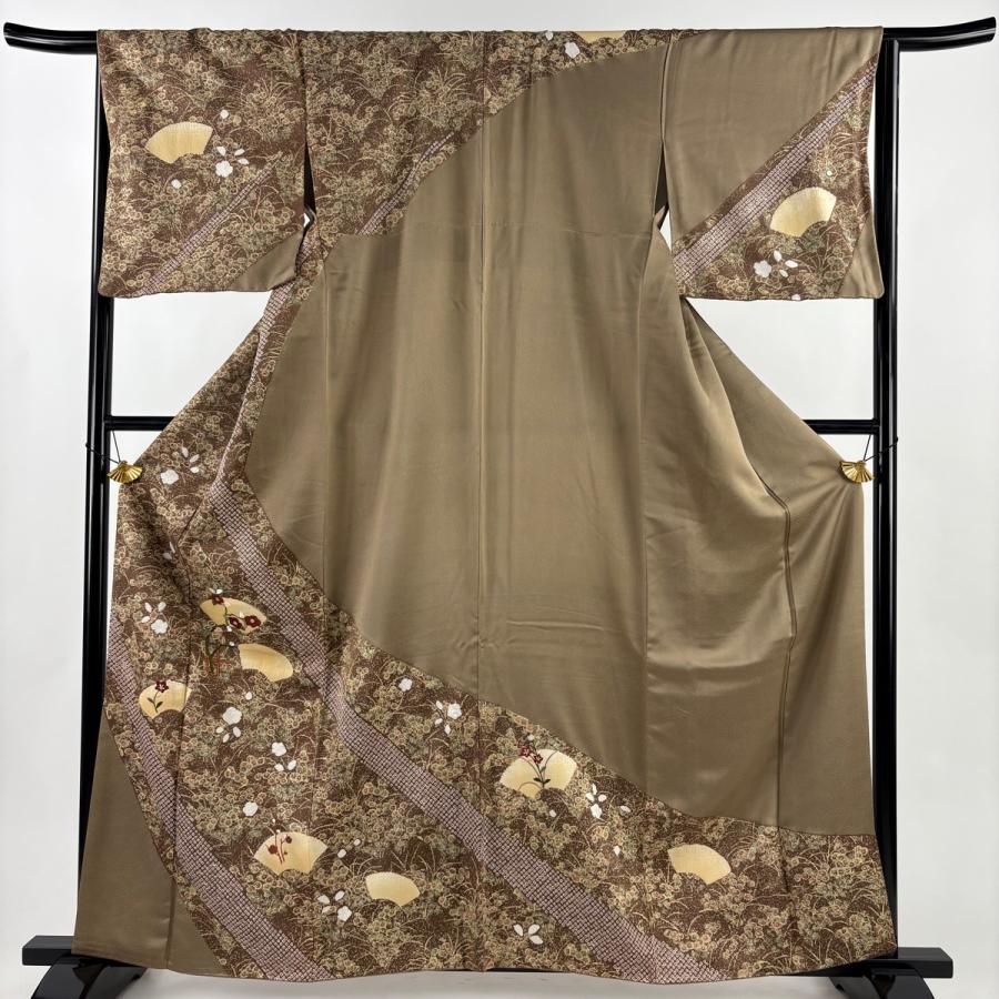 訪問着 身丈162cm 裄丈65cm M 袷 ますいわ屋 椿 刺繍 金彩 茶色 正絹