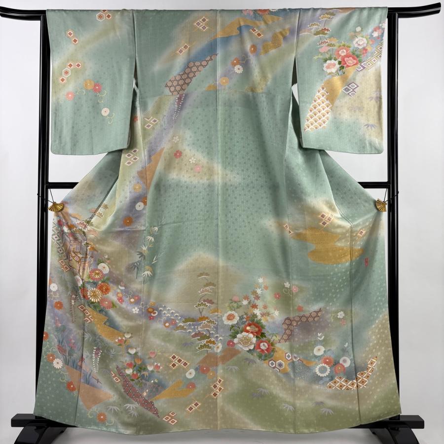 訪問着 身丈161.5cm 裄丈63.5cm S 袷 落款あり 御所車 松竹梅 金糸