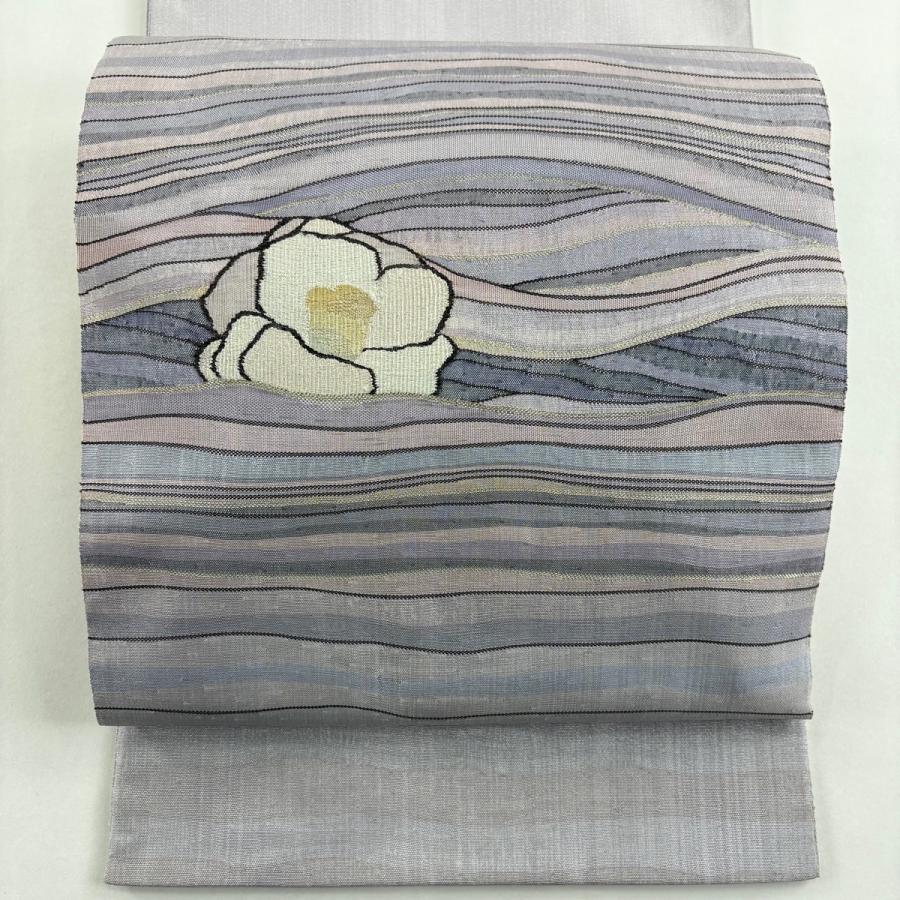 美品 袋帯 秀品 椿 波 金銀糸 灰紫 お太鼓柄 正絹 中古 : リユース