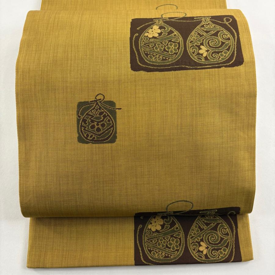 袋帯　紬地　汕頭柄　正絹　未使用 美品 袋帯 秀品 紬地 草花 幾何学模様 黄土色 六通 正絹 中古