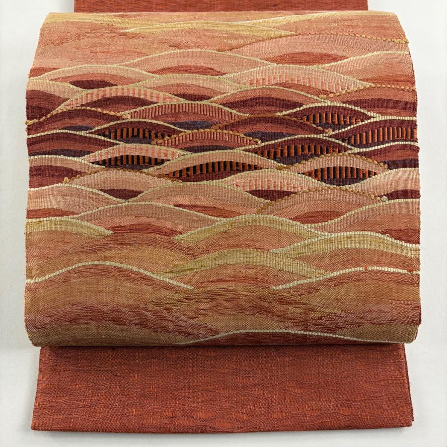 美品 袋帯 秀品 波 茜色 お太鼓柄 正絹 中古 : リユースセレクト