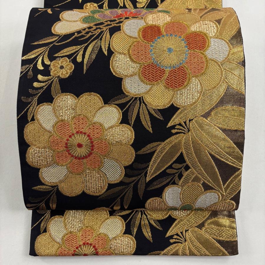 美品 袋帯 秀品 笠松 草花 金糸 箔 黒 六通 正絹 中古 : リユース