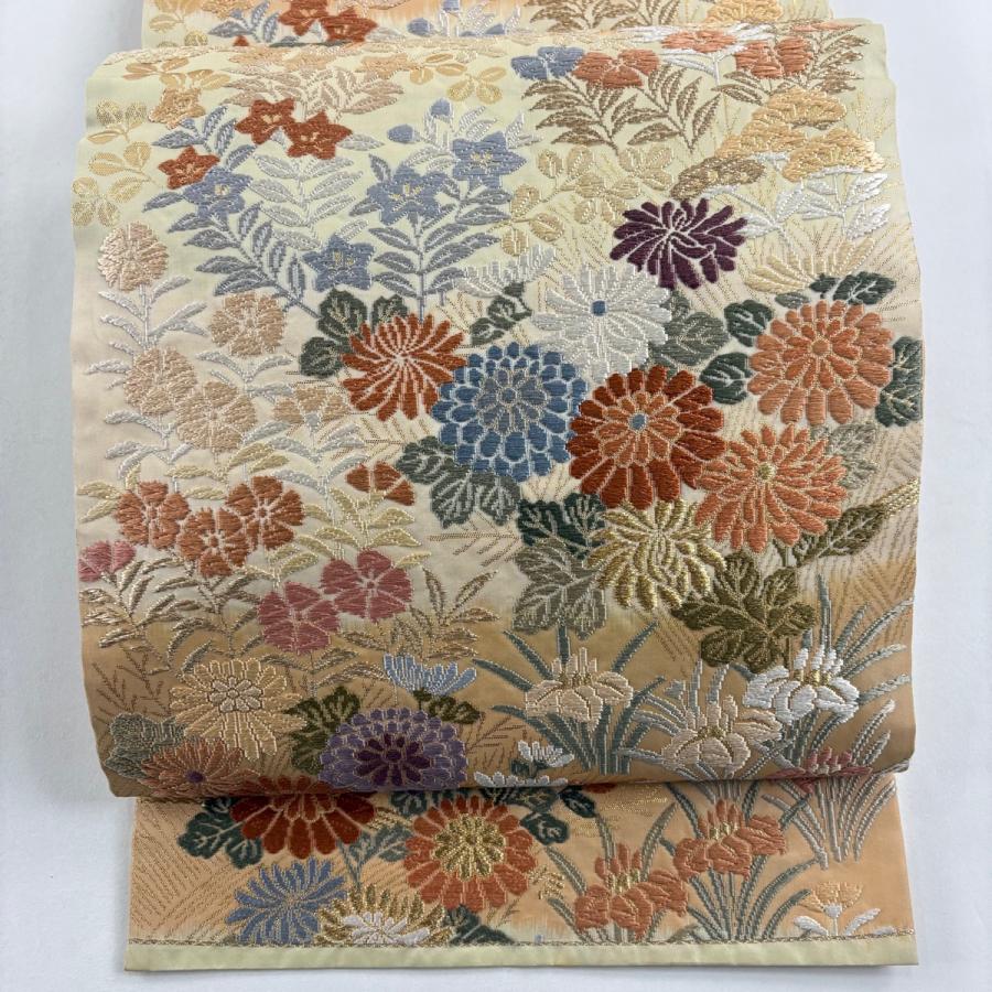 袋帯 秀品 関西仕立て 秋草 菖蒲 刺繍 金糸 クリーム 六通 正絹 中古