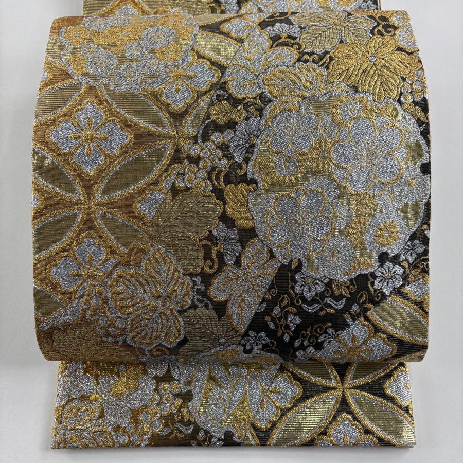 美品 袋帯 秀品 雪輪 七宝花菱 箔 金糸 金茶 六通 正絹 中古