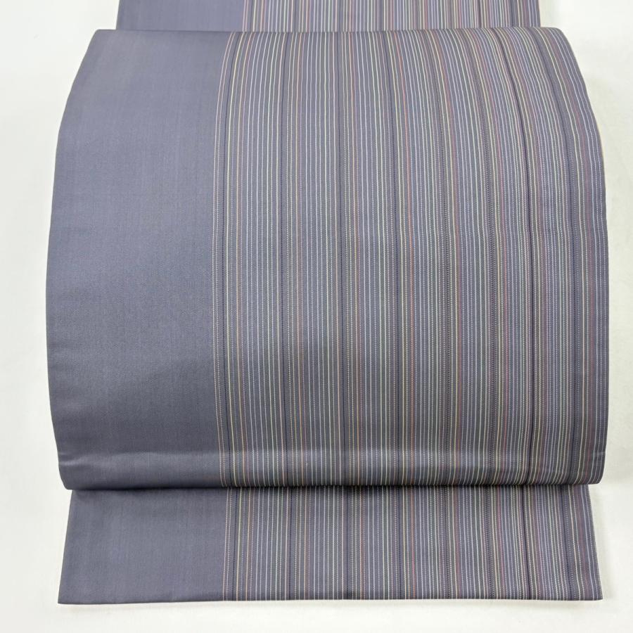 袋帯 秀品 紬地 縞 灰紫 全通 正絹 中古 : リユースセレクトショップ