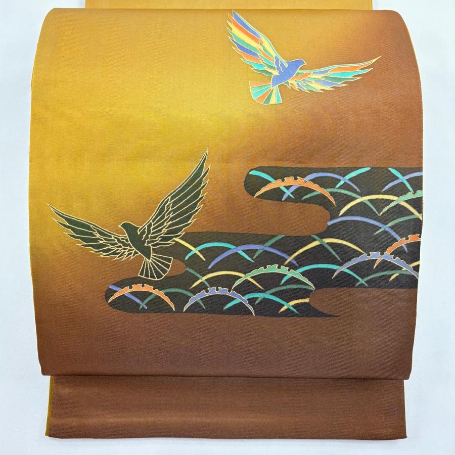 袋帯 秀品 鳥 ヱ霞 金彩 箔 山吹茶色 お太鼓柄 正絹 中古 : リユース