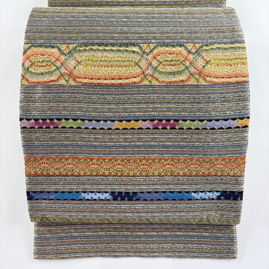 袋帯 秀品 縞 幾何学 金銀糸 箔 灰緑 お太鼓柄 正絹 中古 : リユース